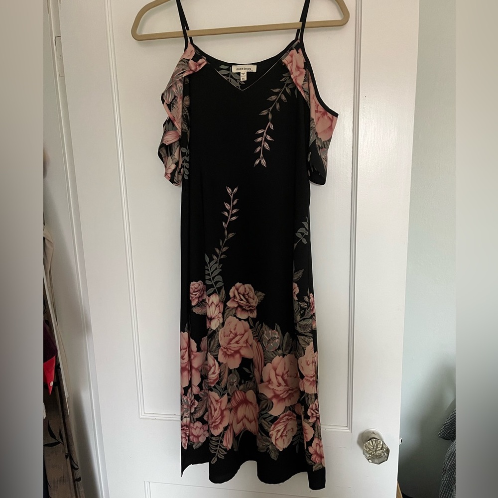 Beautiful cold shoulder pink and black floral dress, only worn once.